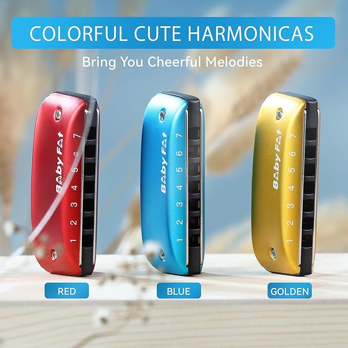 BabyFat 7 Hole Blues Mini Harmonica Set,Diatonic Harmonica with free lanyards,Gifts for Kids and Beginners,Easy-playing Musical Instrument(A Key）