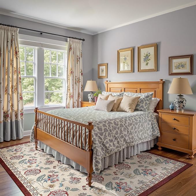 jinchan 8x10 Floral Rug for Living Room Washable Bedroom Rug Vintage Romance Design Non Slip Thin Indoor Floor Cover Large Low-Profile Throw Carpet for Dining Room Office, Red/Beige