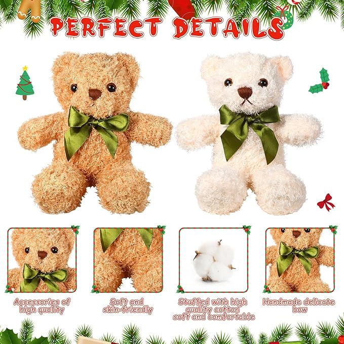 HyDren 12 Pack Bear Stuffed Animals 10 Inch Operation Christmas Bulk Items Small Bear Party Favors Plush Toys for Baby Shower Centerpiece Christmas Birthday Gifts(White, Light Brown)