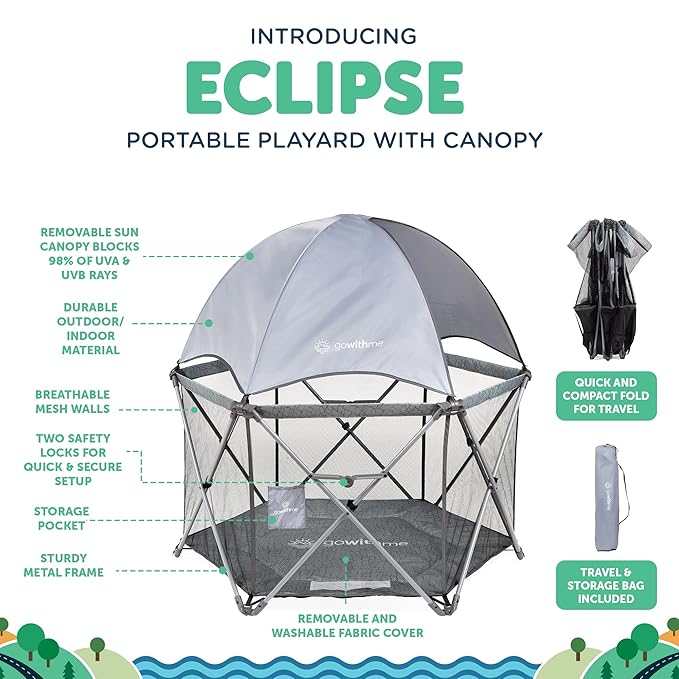 Baby Delight Go with Me Eclipse Deluxe Portable Playard | Playpen | Sun Canopy | Indoor and Outdoor | Ultra Padded Nylon Floor | Elephant Grey