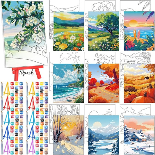 Blosssound 10 Set Pre Printed Canvas Pre Drawn Canvas Painting with Easel Kits 5" x 7" Outline Painting Panels for Beginners, DIY Craft Project, Party Favor, Home Decors(Four Seasons)