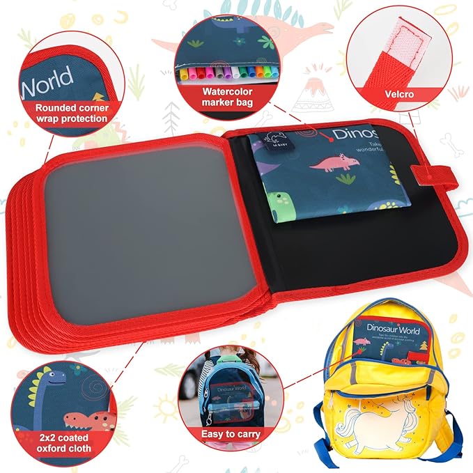 Erasable Doodle Set for Kids - Magic Drawing Book With 12 Watercolor Pens, 14 Page Reusable Drawing, Road Trip Car Game Writing Painting Set for Boys and Girls (Red)