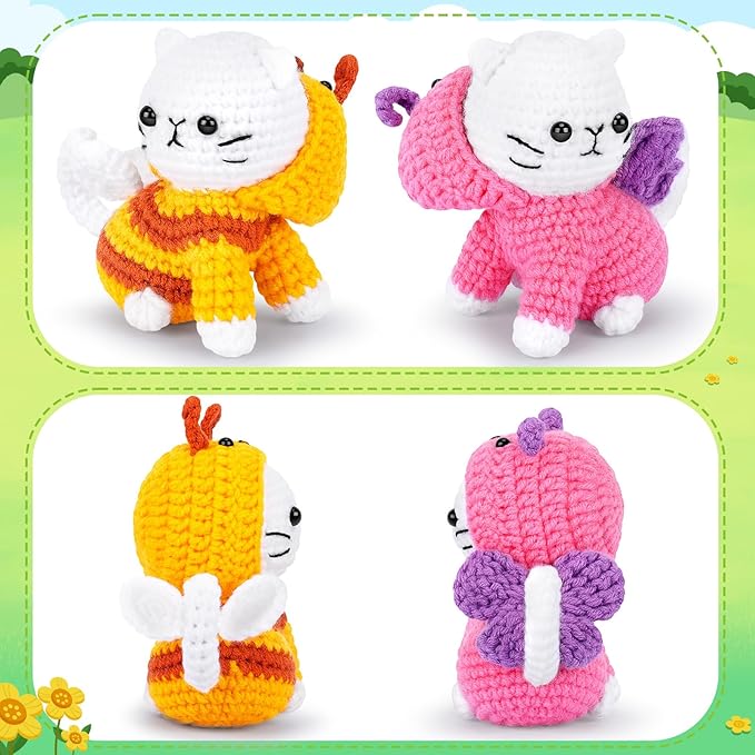 Crochet Kit for Beginners, 2PCS Cats Dressed as Bee and Butterfly Crochet Kits with Step-by-Step Video Tutorials, Beginner Crochet Kits for Kids and Adults, Animal Crocheting Kit for Starters
