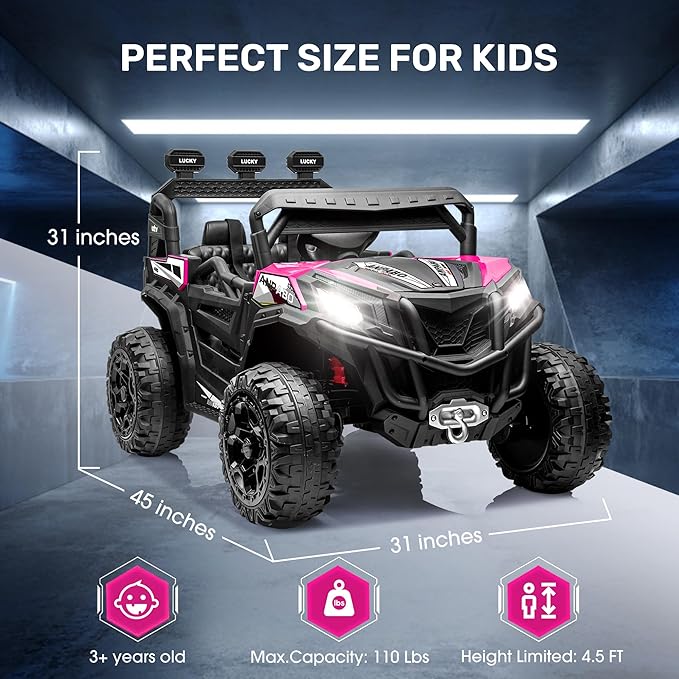 ANPABO 24V 4X4 Ride on Car Truck w/Remote Control, 4WD/2WD Switchable Kids UTV, 19" Spacious Seat, 4 Shock Absorbers, Soft Start, Music Player, Electric Car for Kids Ages 3+(Pink)