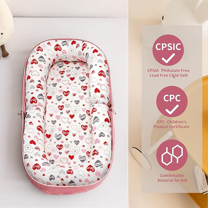 Baby Lounger, Foldable Infant Nest Pillow with Soft Memory Foam Mat, Cover with Adorable Pattern, Converts to Backpack for Easy Travel, 0-12 Months, Pink