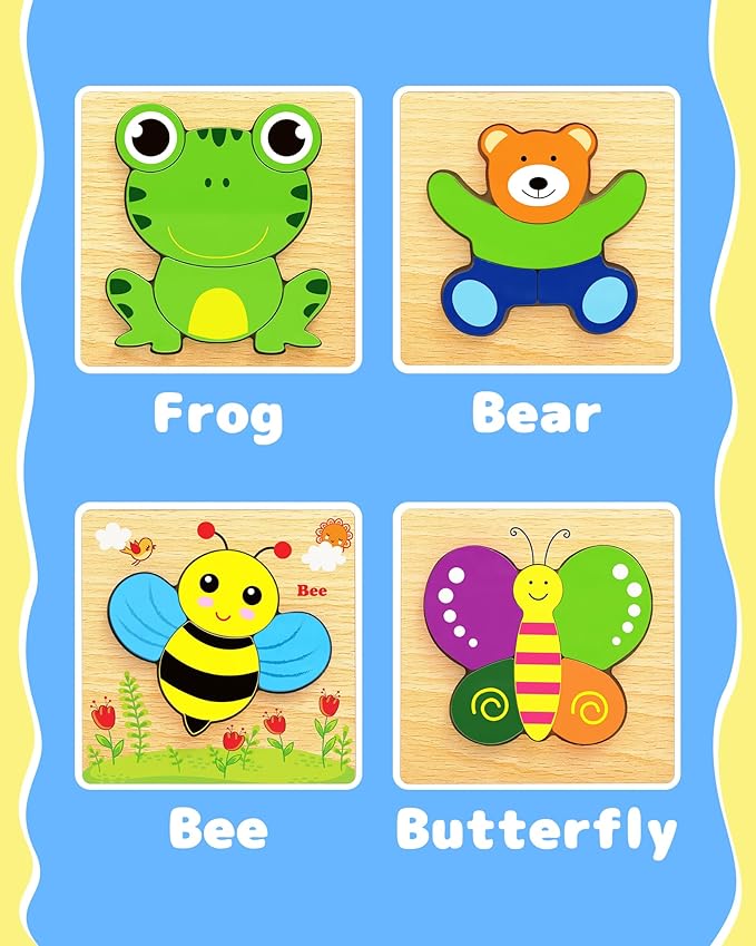 Bekayshad Wooden Puzzles Toddler Toys Gifts for 1 2 3 Year Old Boys Girls, 4 Pack Animal Jigsaw Puzzles Montessori Toys, Learning Educational Christmas Birthday Gifts for Girls Boys Ages 1-3