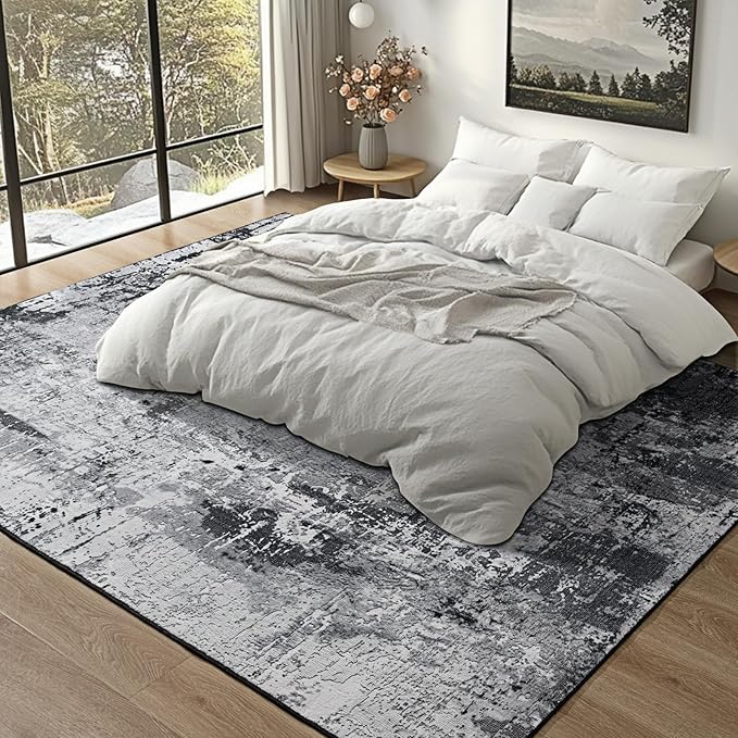 Area Rug Living Room Rug, 4x6 Modern Abstract Washable Rug Black Non Slip Foldable Faux Wool Vintage Carpet, Fluffy Non-Shedding Rugs for Living Room, Bedroom, Dining Room, Kids Playroom