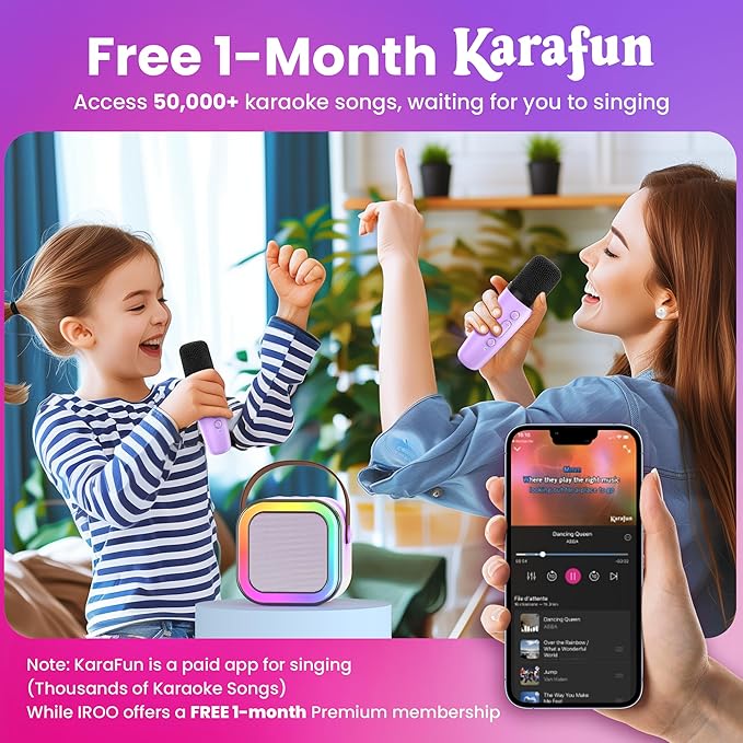 IROO Mini Karaoke Machine for Kids, 2025 TOP Toys Birthday Gifts Ideas for Girls Ages 4, 5, 6, 7, 8, 9, 10, 12+ Years Old, Portable MP3 Player with 2 Wireless Mics for Party