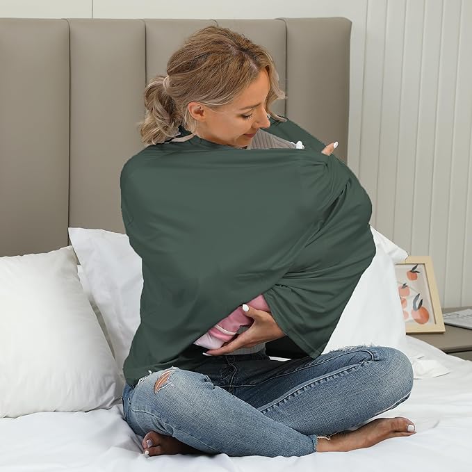 Breathable Car Seat Cover for Babies – Multi-Purpose Soft Rayon Nursing Cover for Breastfeeding, High Stretchy Infant Carseat Canopy, Stroller Cover (Smooth Rayon, Roman Green)