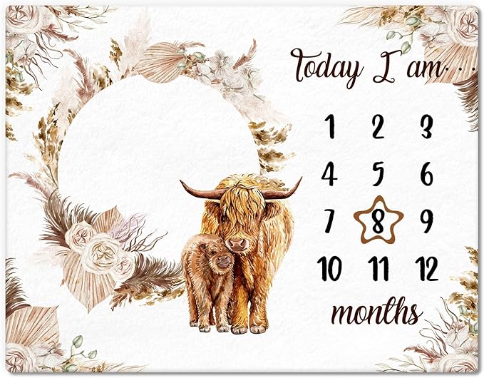 Boho Floral Baby Monthly Milestone Blanket Neutral Bohemian Photo Prop Blanket Personalized Highland Cow Baby Present Pampas Grass Ideas for Newborn Nursery Decor (Brown, Highland Cow)