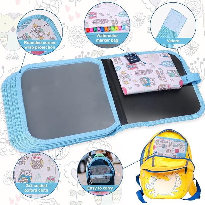 Erasable Kids' Doodle Set, Magic Drawing Book, Reusable 12 Watercolor Pens, 14 Page Car Game Set (Owl Blue)