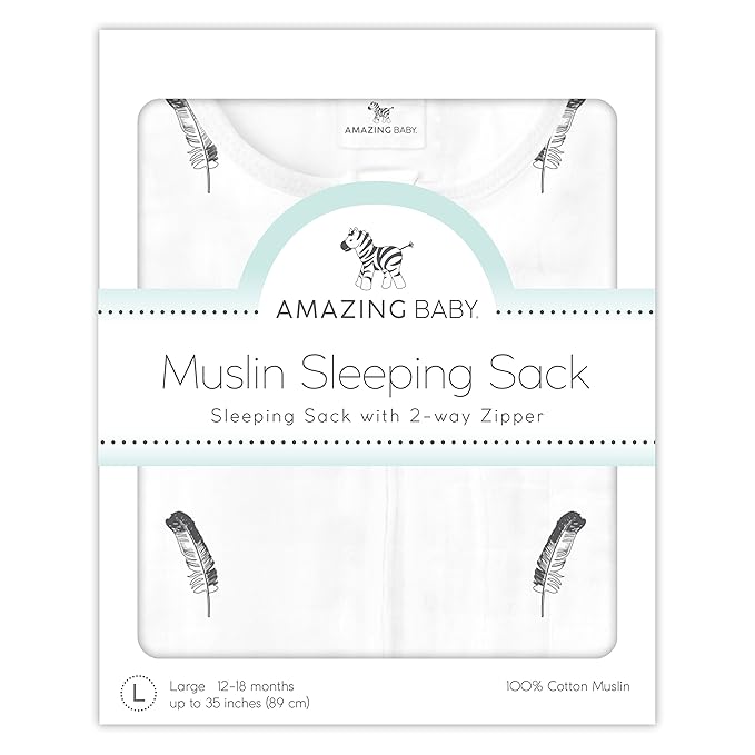 Amazing Baby Cotton Muslin Sleeping Sack, For Baby Boy or Girl, Wearable Blanket with 2-way Zipper, Little Feather, Black, Small (0-6 Month)