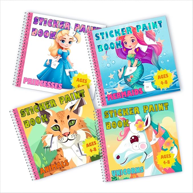 BulbaCraft 4Pcs Sticker Paint Books for Girls - Sticker Books by Number with Mermaids, Princesses, Animals and Unicorns - Coloring Activity for Kids