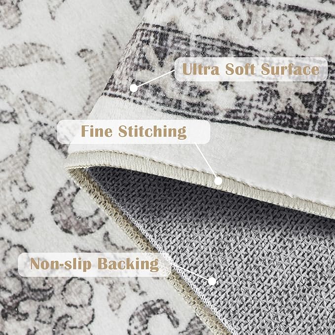 jinchan Hallway Runner Rug 3x7 - Machine Washable Beige Vintage Floral Distressed Design Soft Non-Slip Low-Pile Ultra-Thin Runner Rug for Kitchen Laundry Room Bedroom Farmhouse (3‘x7',Beige)