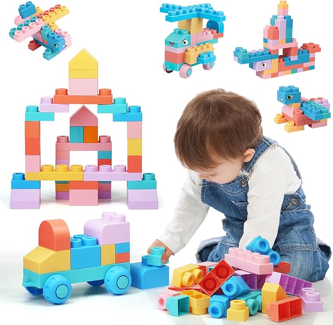 45 Pcs Soft Building Blocks for Toddlers 18M+, BPA - Free Sensory Toys, Montessori STEM DIY Construction Bricks, Safe Teething & Early Learning Toys, Creative Building Set for Baby Kids
