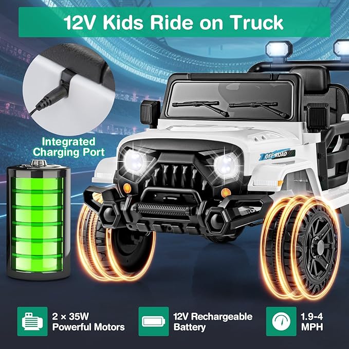 Costzon 12V Kids Ride on Truck Car, Electric Vehicle w/Remote Control, Threaded Wheels, 3 Speeds, LED Lights, Music, Horn & Wireless Connection, Battery Powered Ride on Toy for Boys & Girls 3+ (White)