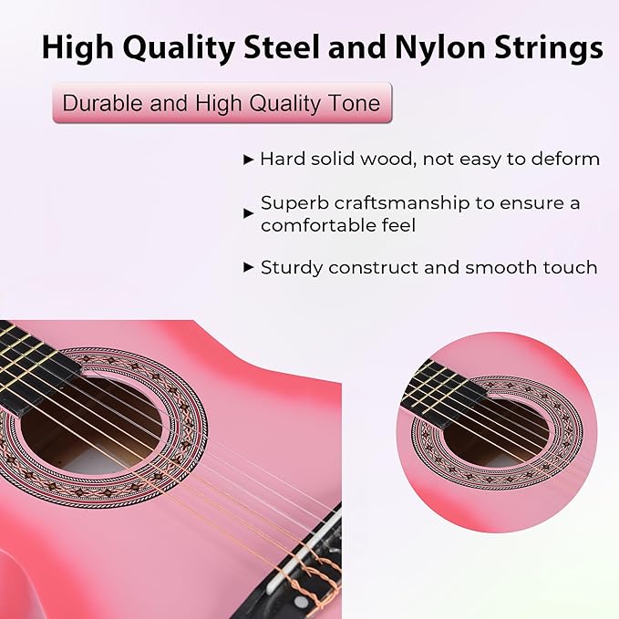 ADM Beginner Acoustic Classical Guitar 36 Inch Nylon Strings Wooden Guitar Bundle Kit for Kid Boy Girl Student Youth Guitarra Online Lessons with Gig Bag, Strap, Tuner, Strings, Picks, Pink
