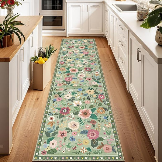 Floral 2x8 Area Rug Machine Washable Soft Print Boho Carpet Non Slip Doormat Low Pile Flower Area Rugs for Living Room Bedroom Nursery Kitchen Dining Room Indoor-Light Green