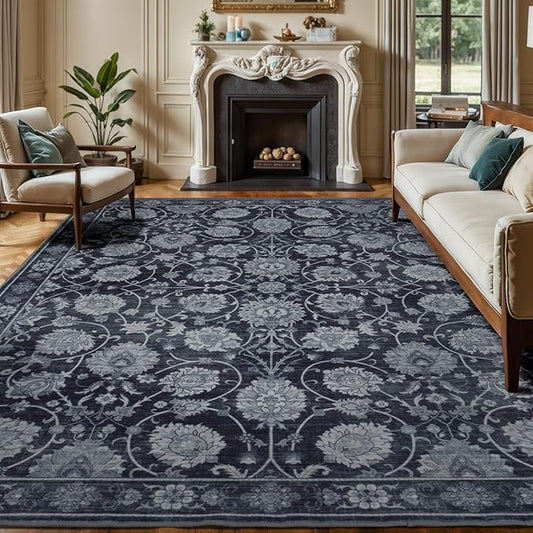 Black 9x12 Area Rug for Living Room, Washable Large Rugs, Vintage Floral Soft Carpet, Non Slip & Low Pile, Wool Carpets for Indoor Bedroom Dining Home Playroom Office Under Table, Black