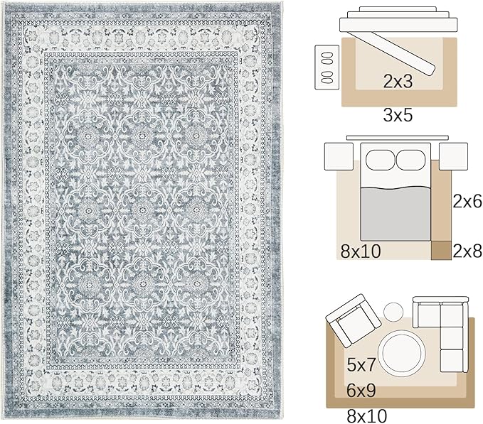 jinchan Floral Area Rugs 4x6 - Machine Washable Vintage Distressed Boho Design Throw Rug Stain Resistant Carpet Low Pile Ultra-Thin Non-Slip for Bedroom Living Room Dining Room Kitchen (4‘x6',Grey)