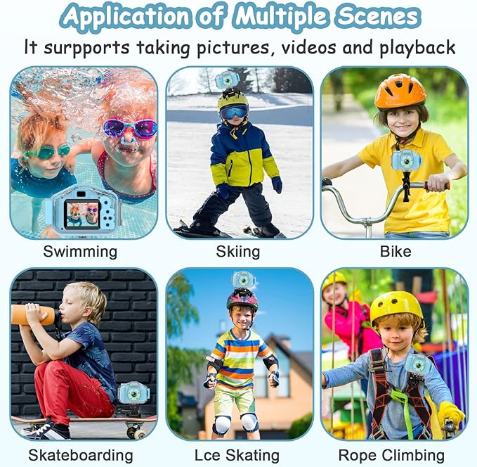 Agoigo Kids Waterproof Camera - Children Underwater HD Video Digital Camcorder, Portable Travel Toy for Toddler - Ideal Christmas Birthday Gifts for Boys Girls Age 3-12 with 32GB Card (Blue)