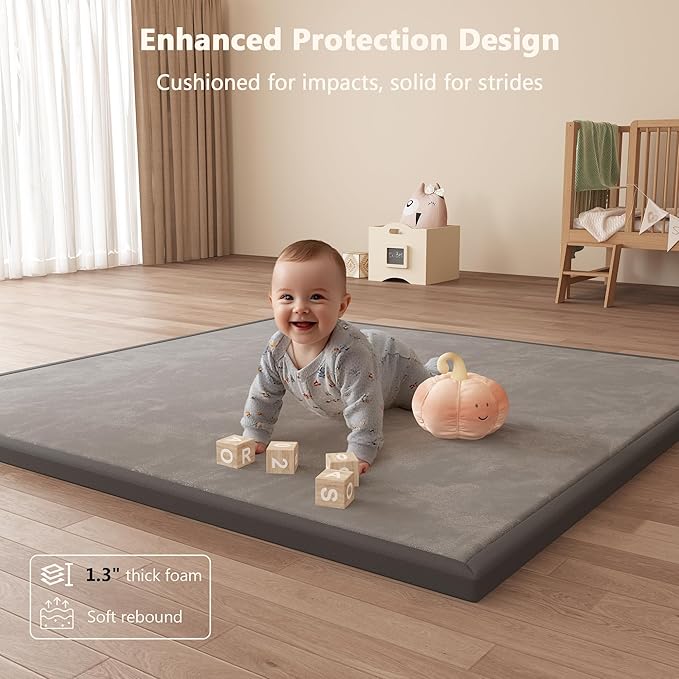 Baby Play Mat for Floor, 1.3'' Thick Memory Foam Tummy Time Mat - Super Soft Coral Velvet Nursery Rug with Non-Slip Backing, Crawling Rug for Toddlers/Infants, Yoga & Tatami Use, 50''x50''