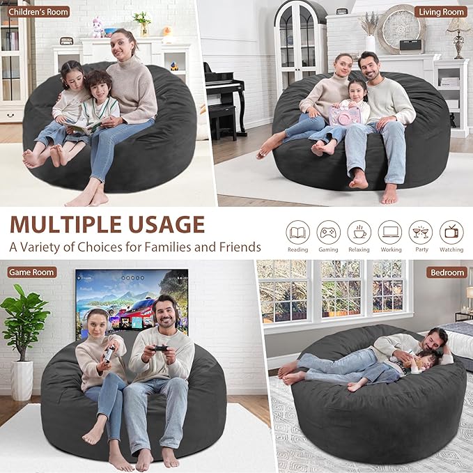 5FT Bean Bag Chair, Large Bean Bag Chairs with Memory Foam Filled, Fluffy Beanbag Sofa with Dutch Velvet Cover, Round BeanBag Chairs for Living Room, Playroom - Grey
