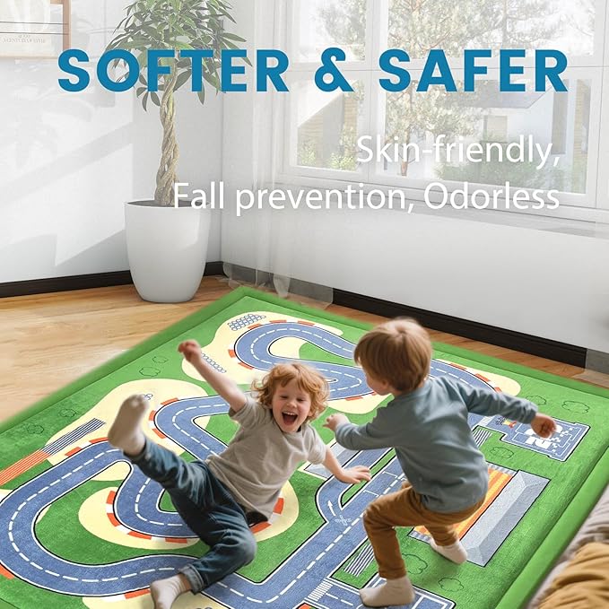 1.3" Thick Educational Baby Floor Play Mat 79x118, Basic Padded Memory Foam Kids Mat, Large Non-Slip Plush Playmat for Nursery Playroom Classroom (Race Track)