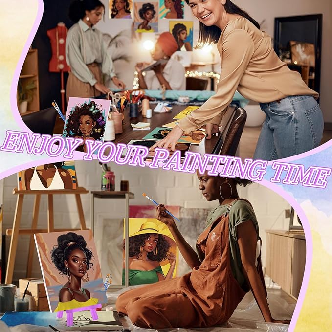 Blosssound 10 Set Pre Printed Canvas Pre Drawn Canvas Painting with Easel Kits 5" x 7" Outline Painting Panels for Beginners, DIY Craft Project, Party Favor, Home Decors(Black Women)