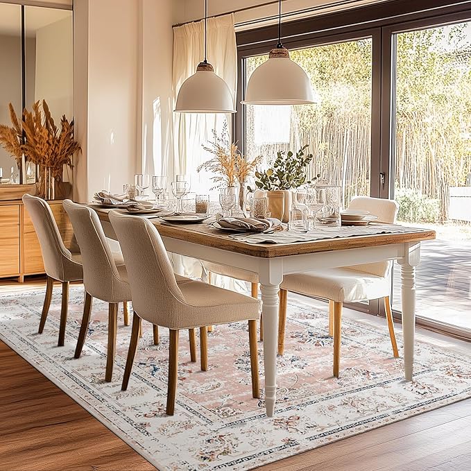 jinchan Washable Area Rug 5x7 Ultra-Thin Low Pile Non Slip Stain Resistant Soft Faux Wool Spring Floral Distressed Vintage Carpet for Bedroom,Living Room,Dining Room,Kitchen,Nursery(Pink, 5' x 7')