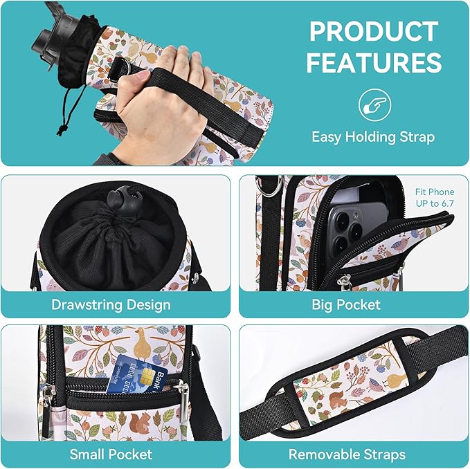 icolor Water Bottle Carrier Bag with Strap 25/32/40 oz Crossbody Bottle Holder with Phone Pocket Sling Sleeve Insulated Neoprene Water Bottle Pouch for Walking Travelling