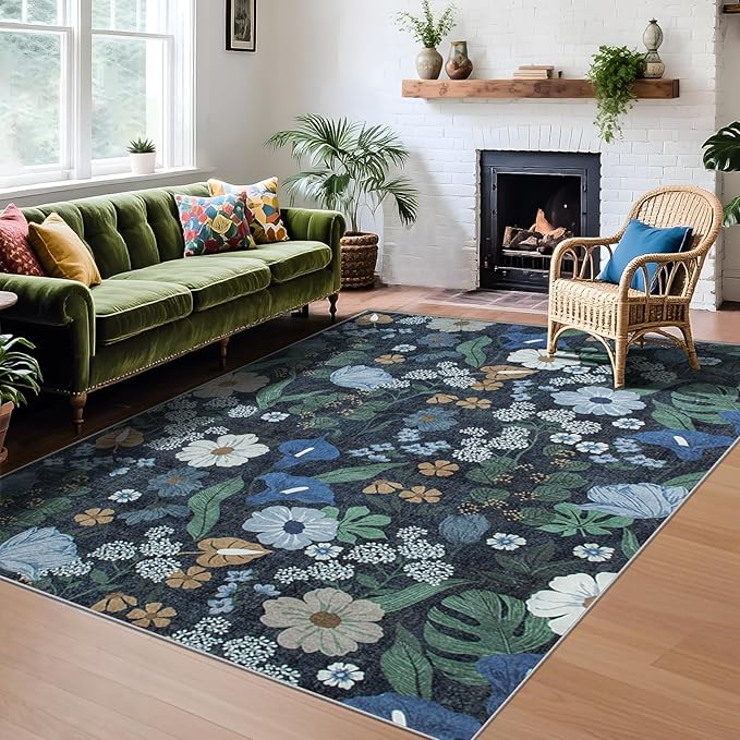 Area Rug Living Room Rugs: 5x7 Washable Rug Vintage Floral Soft Boho Non Slip Carpet Indoor Floor Non Shedding Low Pile Thin Carpets for Bedroom Dining Room Farmhouse Nursery Home Office Blue