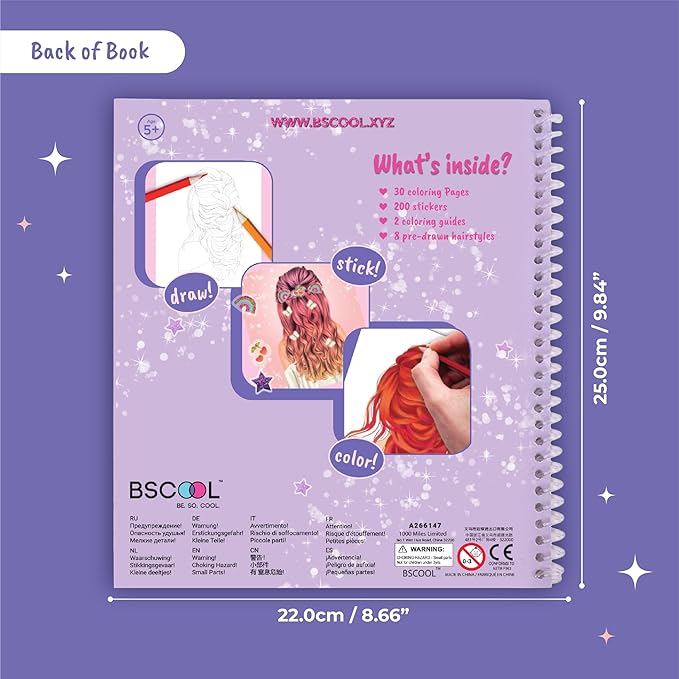 BSCOOL - Drawing, Coloring & Activity Book. Create Hairstyles with Stickers and Guides. Fashion Design Sketchbook for Kids 5 and up. Little Designer Creativity Book - Fashion Design for Kids