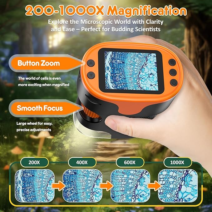 1000X Handheld Microscope for Kids 4K 2.0" Screen Rechargeable Mini Pocket Digital Microscopes w/Slides Kit Portable Edu Gift Age 4-6 8-12 Children Students