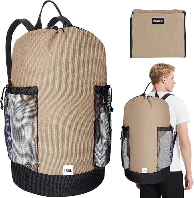 BALEINE 150L Laundry Bag Backpack, 900D Oxford Fabric Large Travel Laundry Bags with Shoulder Straps and 2 Mesh Pockets for College Dorm, Apartment, Laundromat (Khaki, 150L)