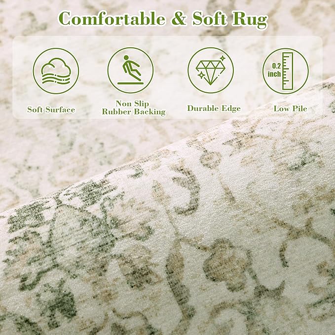 Green 2x6 Runner Rug for Hallways Bed Side Kitchen, Boho Washable Distressed Low-Pile Floor Entryway Long Bathroom Mat, Non-Slip Laundry Room Washstand Front Carpet Green 24x72 Inch