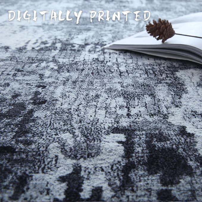 4x6 Rug Washable Boho Soft Area Rug Abstract Pattern Non-Slip Faux Wool Vintage Rug for Living Room, Bedroom Rug, Farmhouse, Dining Room, Kids Playroom, Grey and Black