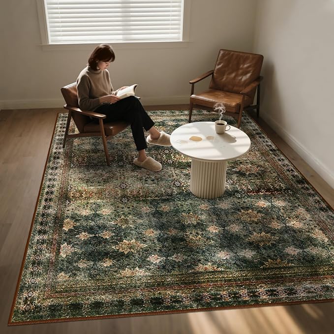 5x7 Washable Area Rug for Living Room Rustic, Non Slip Vintage Floral Bedroom Rugs Retro, Traditional Indoor Floor Carpet for Dining Room, Farmhouse, Office Classroom(Dark Green/Brown/Multi)