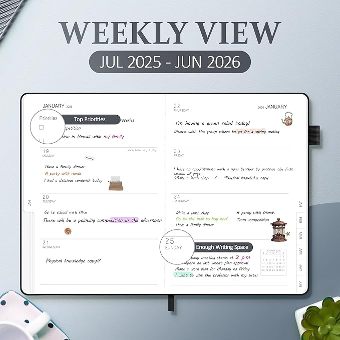 2025-2026 Planner for Women, Lather Weekly & Monthly Organizer, July 2025-June 2026, Hardcover with Gold Foil, Tabs, and Inspirational Pages - Ideal for Professionals, Black