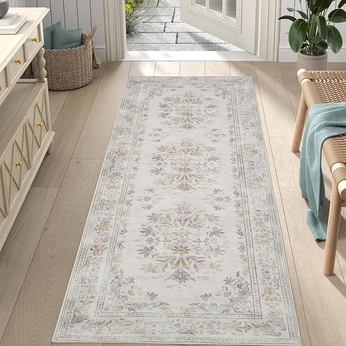 jinchan Hallway Runner Rug 2x8 Vintage Floral Distressed Design - Machine Washable Non-Slip Low-Pile Soft Thin Faux Wool Kitchen Carpet for Farmhouse Bedroom Laundry Room(2x8ft,Light Grey)