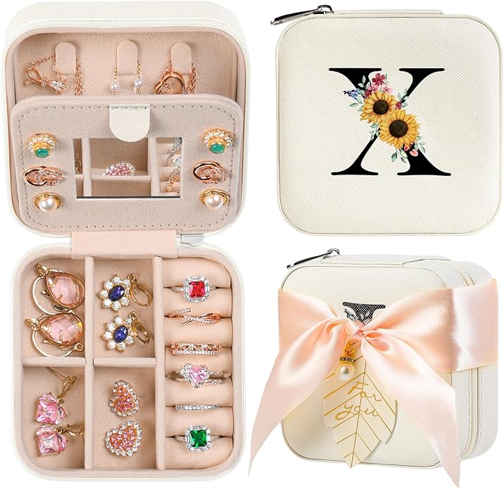 AYGXU Travel Jewelry Box for Women and Girls - Small Case With Initial A-Z - Teacher Gifts