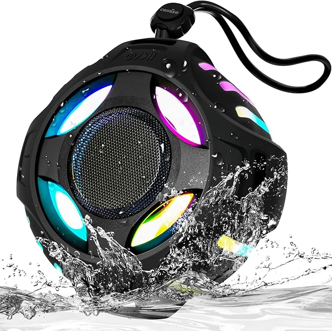 comiso Waterproof Speaker with Robust Bass, Shower Speaker with Dynamic Light, TWS Mode, Loud HD Sound, IP67 Waterproof, 2000mAh, Portable Wireless Speakers for Home, Outdoor/Kayak, Gift for Unisex.