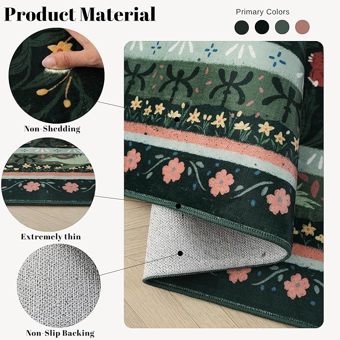 5x7 Washable Rug Vintage Floral Botanical Area Rug Non Slip Low Pile Large Rugs for Living Room, Bedroom, Farmhouse, Dining Room, Kids Playroom, Green