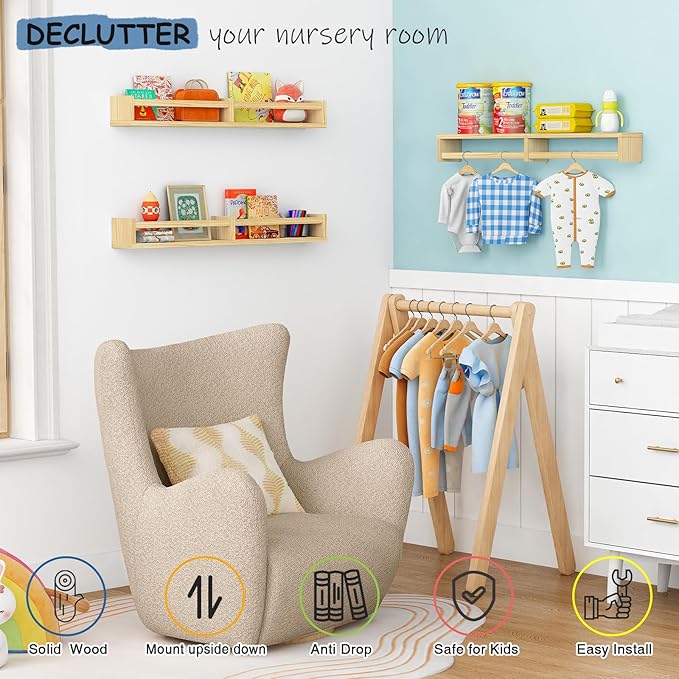 Floating Nursery Book Shelves for Wall, 32 Inch Long Bookshelf for Kids Room, Wooden Large Wall Shelf with Hanging Rod for Baby Toddler Child Bedroom (3-Pack, Natural Wood)