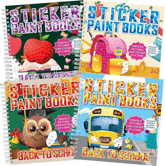 4Pcs Back to School Paint by Sticker Books Sticker by Number Books Activity Book Puzzle Book Craft Art Gift School Bus Apple Owl Alarm 32 Pictures