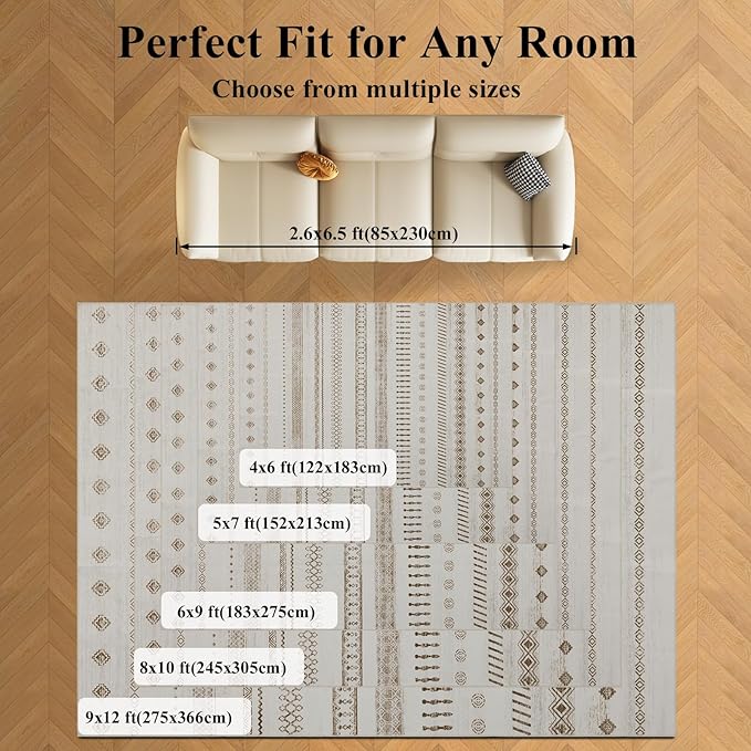 9x12 Area Rug Living Room Rugs, Boho Stain Resistant Washable Rug, Vintage Large Non-Slip Backing, Low Pile Lightweight Print Rug for Bedroom Dinning Room Home Office (Beige)