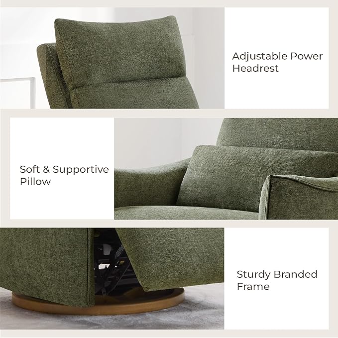 CHITA Swivel Rocker Recliner Chair, Power Nursery Glider Recliner, Nursery Rocking Chair with Adjustable Power Headrest, FSC Certified, Solid Wood Base, Moss Green