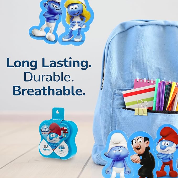 BioSwiss Bandages, The Smurfs in 3D Shaped Self Adhesive Bandage, Latex Free Sterile Wound Care, Fun First Aid Kit Supplies for Kids and Adults, 50 Count Plastic Case