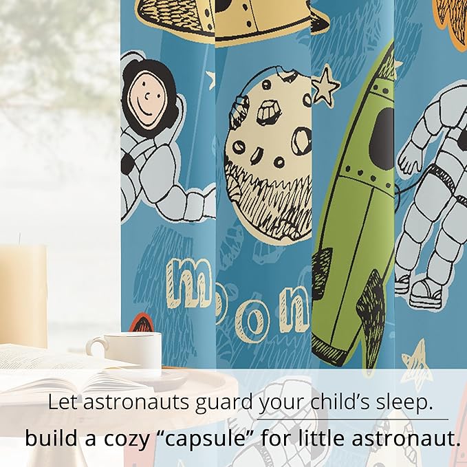 Kids Astronaut and Rocket Blackout Curtains - 100% Blackout, Thermal Insulated, Noise Reducing, Bring The Cosmos Closer to Your Kid’s Room, 2 Panels (Moonbound Adventure, W52×L84)
