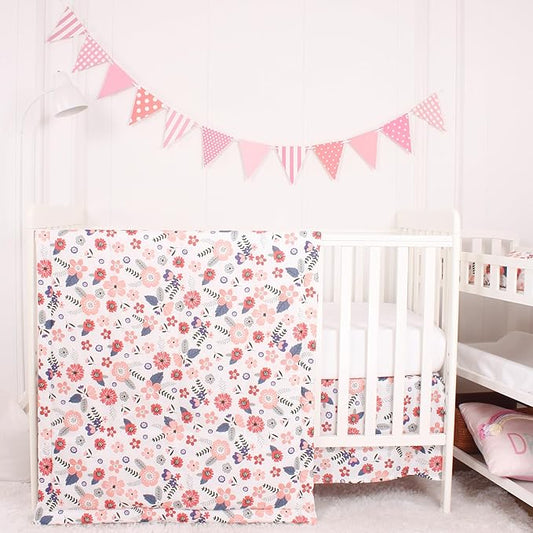 CaSaJa Baby 3-Piece Crib Bedding Set for Boys Girls, Including Soft Quilted Comforter(Blanket), Fitted Crib Sheet and Skirt, Soft Nursery Bedding Set Made of Silky Comfy Materials, Petals Flying